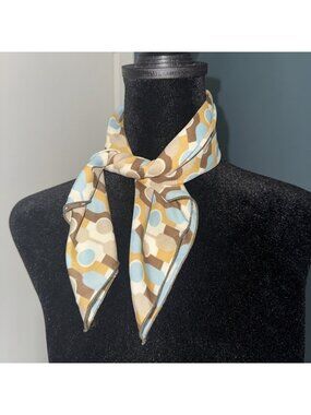 Vintage Square Scarf MCM Geometric Circle Atomic Art Print Brown Blue Hair 70’s